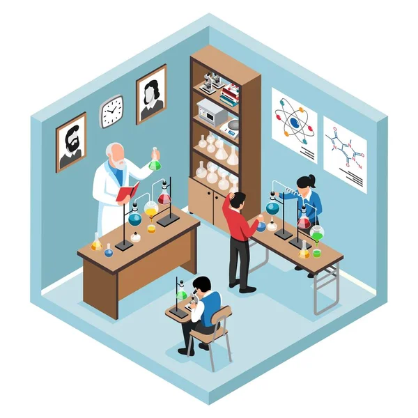化学教室の教室内等距離物体で教師と生徒が白い背景ベクトル図上に孤立した実験を行う — ストックベクタ