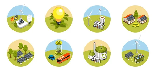 Grüne Energie Isolierte Runde Kompositionen Mit Alternativen Energiequellen Biokraftstoffanlagen Und — Stockvektor