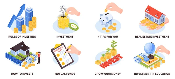 Set Isometric Investment Compositions Conceptual Icons Money Growing Mutual Funds — Stock Vector