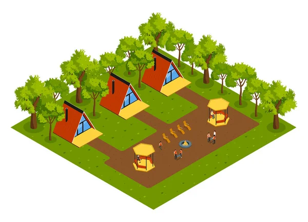 Isometric Glamping Composition Isolated View Outdoor Area Triangle Shaped Eco — Stock Vector