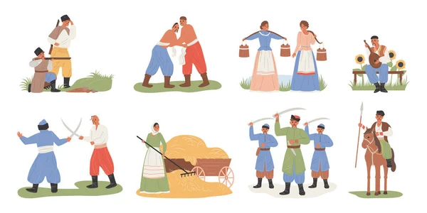 Iconos Planos Cosacos Con Hombres Mujeres Trajes Tradicionales Ukranianos Ilustración — Vector de stock