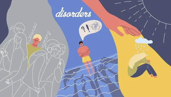 Disturbi Mentali Composizione Con Collage Icone Piatte Doodle Personaggi Delle — Vettoriale Stock