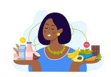 Elinde yüksek magnezyum ve kalsiyum ürünleri tutan kadın düz kompozisyon vektör çizimi