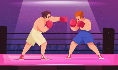 Renkli boks kavramı iki dövüşçü halka vektör illüstrasyonunda birbirleriyle dövüşür.