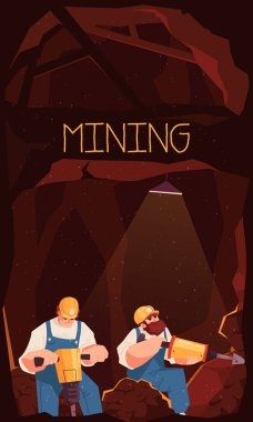 Manşetli renkli bir poster ve mineral vektör çizimi için zemin kazan iki işçi.