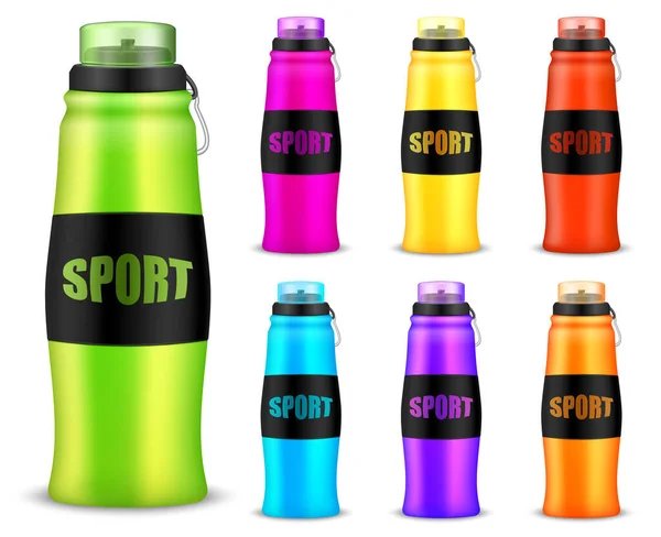 Sport Water Bottle Mockup Realistic Set Colorful Reusable Bike Flasks — Stock Vector
