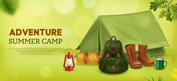 Réaliste Vintage Camping Affiche Horizontale Avec Texte Modifiable Tente Avec — Image vectorielle