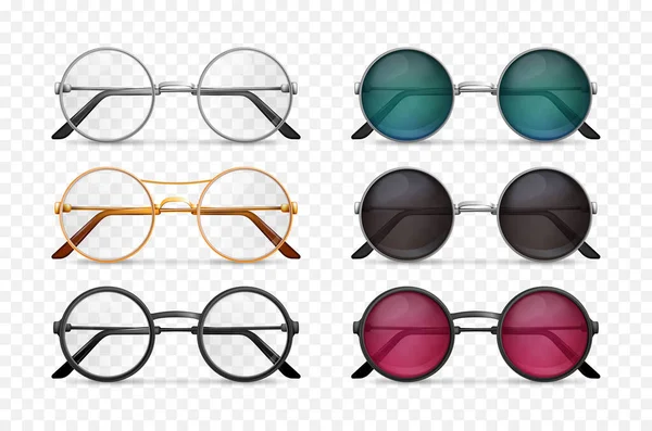现代圆形眼镜与经典的彩色镜片现实设置与透明的背景隔离矢量插图 — 图库矢量图片