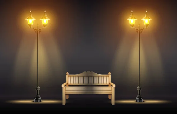 Lanternes Réalistes Sur Des Lampadaires Luisant Dans Obscurité Près Banc — Image vectorielle