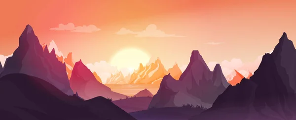 湖の日光と暗いピークフラットベクトル図と日没の背景の山の風景 — ストックベクタ