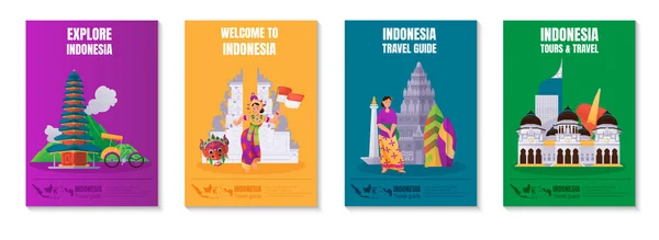 Indonesien Flaches Plakatset Mit Reisesehenswürdigkeiten Isolierte Vektorillustration — Stockvektor