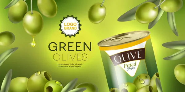 Affiche Réaliste Olives Vertes Avec Des Légumes Conserve Des Branches — Image vectorielle