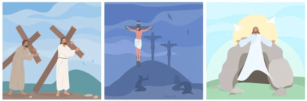 基督耶稣钉十字架复活的方法到Golgotha平坦集孤立矢量图解 — 图库矢量图片