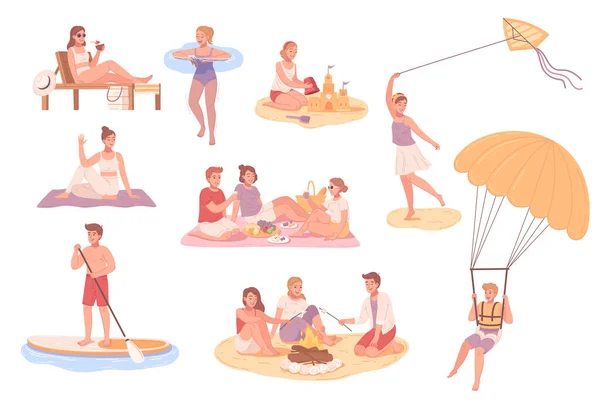 Atividades Praia Ícones Planas Com Descanso Verão Cenas Litorâneas Ilustração — Vetor de Stock