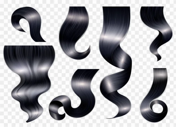 现实的女性发色 一组孤立的黑色发环 带有透明背景矢量图上的光斑 — 图库矢量图片