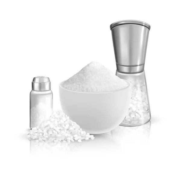 Realistic Salt Composition Blank Background Images Plate Coarse Fine Salt — Stock Vector