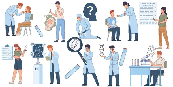 Genetische Testpersonen Flache Reihe Von Isolierten Symbolen Mit Doodle Menschlichen — Stockvektor