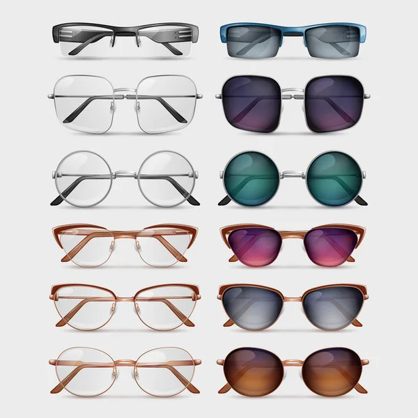 Brillen Und Bunte Sonnenbrillen Mit Verschiedenen Fassungen Realistisch Gesetzt Isoliert — Stockvektor