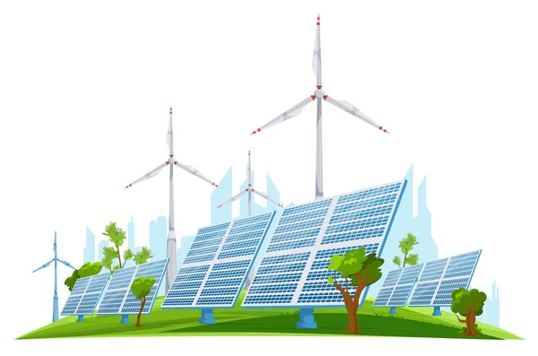 具有风力涡轮机和太阳能电池板的生态绿色能源现实概念与城市景观轮廓矢量图解 — 图库矢量图片