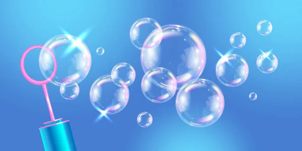 Realistiska Tvål Skum Bubblor Sammansättning Blå Bakgrund Vektor Illustration — Stock vektor