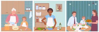 Yemek pişirme ve aile üyesi karakter çizimi ile izole edilmiş kare şekilli düz kompozisyonları pişirin