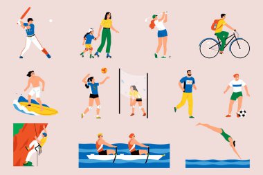 Üniformalı sporcuların izole edilmiş ikonlarıyla yaz sporu renkleri ve spor vektörü çizimi yapan sıradan insanlar.