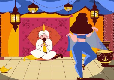 Peri masalları düz renkli arka plan Sultan çizgi film çizimleri önünde dans eden süslü giyinmiş genç bir kadın.