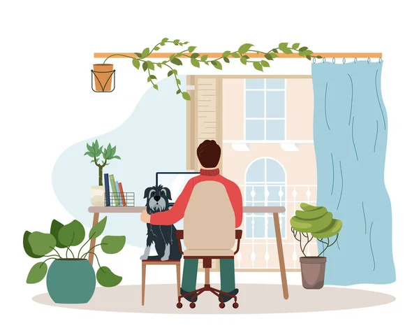 家庭作曲 人与计算机坐在桌旁 狗与狗拥抱在一起 四周环绕着国内植物病媒图解 — 图库矢量图片