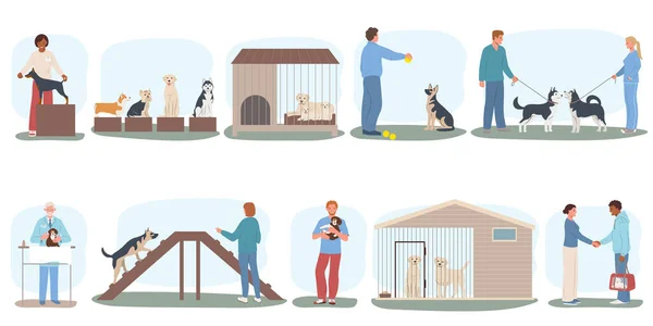 Εκτροφέας Σκύλων Επίπεδο Σύνολο Απομονωμένων Συνθέσεων Κατοικίδια Ζώα Podiums Κλουβιά — Διανυσματικό Αρχείο