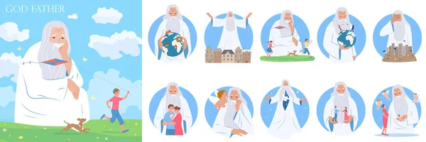 Dios Padre Composición Plana Con Hombre Viejo Vestido Blanco Corriendo — Archivo Imágenes Vectoriales
