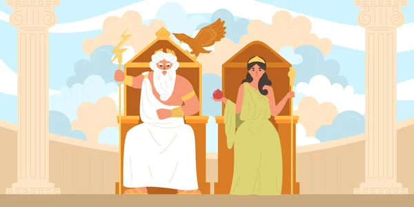 Olympic Gods Flat Concept Zeus Hera Thrones Vector Illustration — Stock Vector