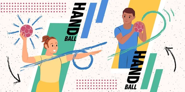 Collage Estilo Plano Con Jugadores Balonmano Masculinos Femeninos Sosteniendo Bolas — Vector de stock