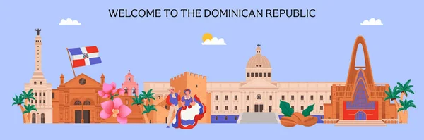 Witamy Dominikanie Horyzontalny Baner Reklamowy Zabytkami Elementami Kultury Płaski Wektor — Wektor stockowy