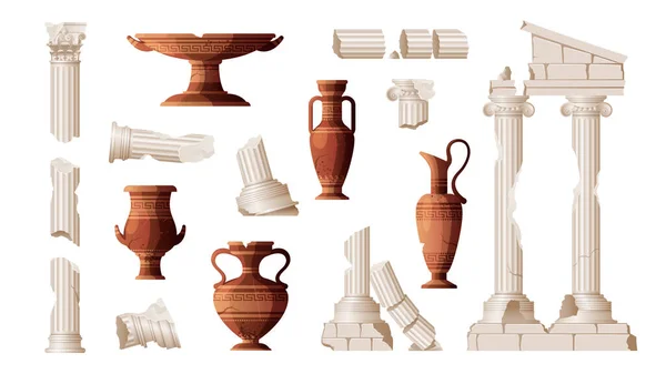 Antik Kalıntılar Yunan Kavanozları Kırık Sütun Vektör Çizimleriyle Izole Edilmiş — Stok Vektör