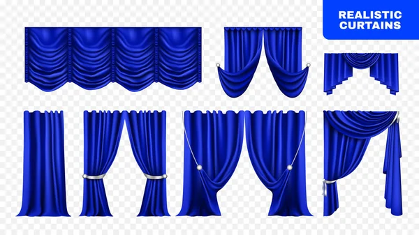 Набір Ізольованими Реалістичними Зображеннями Розкішних Штор Синього Кольору Прозорому Фоні — стоковий вектор