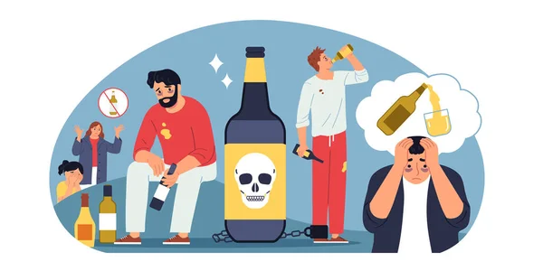 Kompozycja Uzależnienia Bazgrołami Postaci Ludzi Uzależnionych Pijących Napoje Alkoholowe Zakazami — Wektor stockowy