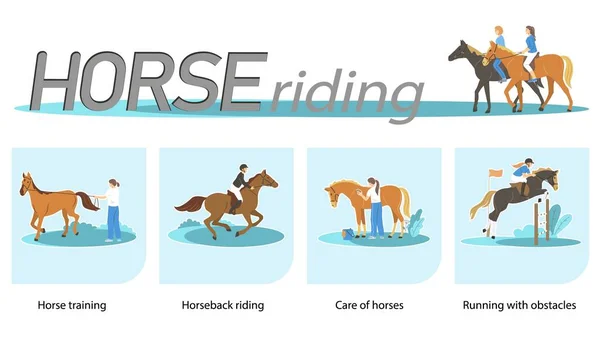 Infografía Plana Equitación Con Personas Entrenando Cuidando Animales Ilustración Vectorial — Vector de stock