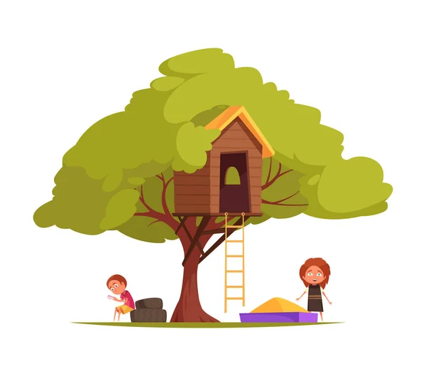 Ağaç Evi Çocukları Ağaç Manzaralı Merdivenli Çocuk Vektör Resimlerini Canlandıran — Stok Vektör