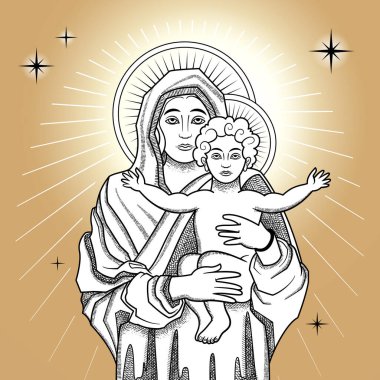 Meryem Ana 'nın tek renkli kompozisyonu ile İsa. Parlak Aziz Meryem ve İsa' nın çizdiği resimlerin ana hatlarıyla.