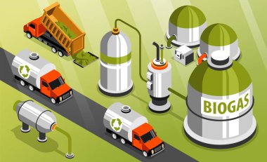 Green energy isometric background advertising biogas production from as sources of biofuel vector illustration clipart