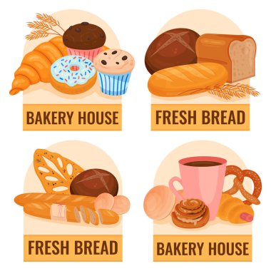 Bakery products set of isolated labels with editable text and flat images of baked goods sweets vector illustration clipart