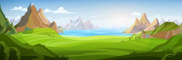 Paysage Estival Avec Vue Sur Les Montagnes Verdoyantes Vallée Lac — Image vectorielle