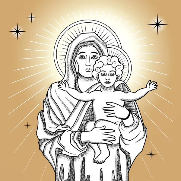 輝く聖人メアリーとキリストのベクトル図のモノクロアウトライン画像と処女メアリー色の組成を持つイエス — ストックベクタ