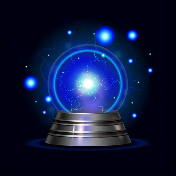 Gerçekçi Plazma Küresi Sihirli Kristal Bileşimi Mavi Elektrik Yıldırım Çizimi — Stok Vektör
