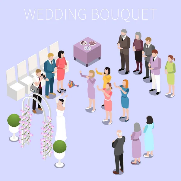 Huwelijksceremonie Huwelijk Isometrische Compositie Met Uitzicht Bruid Gooien Bloemen Met — Stockvector
