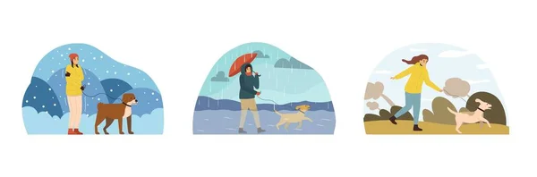Три Плохих Погоды Люди Плоской Композиции Установить Владелец Собаки Гуляет — стоковый вектор
