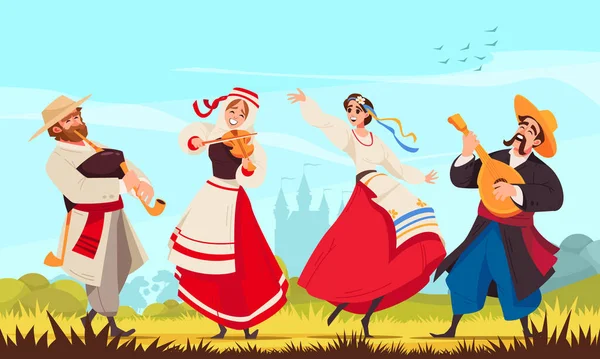 Έγχρωμη Σύνθεση Λαογραφίας Δύο Ζεύγη Χορευτών Εθνικές Ενδυμασίες Χορεύουν Μαζί — Διανυσματικό Αρχείο
