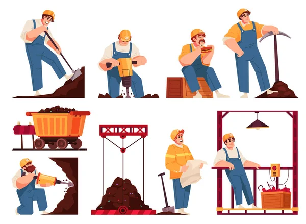 Bergbau Farbige Und Isolierte Symbole Setzen Arbeiter Graben Bohrmaschine Und — Stockvektor