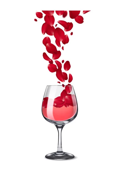ガラスのワイングラス現実的なバラの花びらの組成は 空白の背景ベクトル図上の落下葉の前のビュー — ストックベクタ