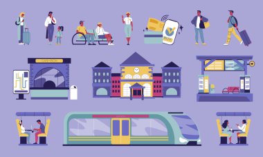 Demiryolu istasyonu düz simgeleri demiryolu inşaatı ve yolcuların izole edilmiş vektör illüzyonları ile ayarlandı